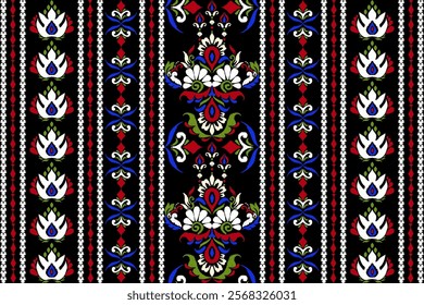 Ikat floral design pattern,Ikat floral pattern,Ikat ethnic oriental on black background,vector illustration,baroque style,hand drawn pattern.design for texture,fabric,clothing,decoration,carpet,print.