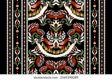 Ikat floral design pattern,Ikat floral pattern,Ikat ethnic oriental on black background,vector illustration,baroque style,hand drawn pattern.design for texture,fabric,clothing,decoration,carpet,print.