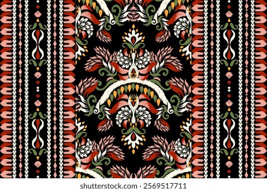 Ikat floral design pattern,Ikat floral pattern,Ikat ethnic oriental on black background,vector illustration,baroque style,hand drawn pattern.design for texture,fabric,clothing,decoration,carpet,print.