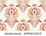 Ikat floral design seamless pattern on white background vector illustration.Ikat ethnic oriental embroidery traditional.Indian Ikat pattern Aztec style abstract.design for texture,fabric,clothing,tile