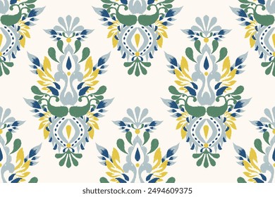 Ikat floral design seamless pattern on white background vector illustration.Ikat ethnic oriental embroidery traditional.Indian Ikat pattern Aztec style abstract.design for texture,fabric,clothing.