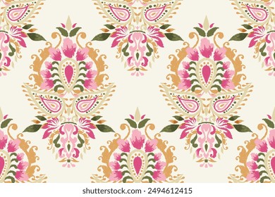 Ikat floral design seamless pattern on white background vector illustration.Ikat ethnic oriental embroidery traditional.Indian Ikat pattern Aztec style abstract.design for texture,fabric,clothing,tile