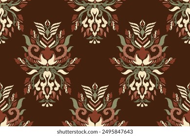 Ikat diseño floral patrón sin fisuras sobre fondo marrón Ilustración vectorial. Ikat bordado oriental étnico, Ikat patrón tradicional estilo azteca. diseño para textura, tela, ropa, envoltura, decoración.
