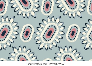 Ikat Blumendesign nahtloses Muster auf blauem Hintergrund, Vektorgrafik.Ikat ethnisch-orientalische Stickerei.Ikat Aztec Stil,abstrakter Hintergrund.Design für Textur,Stoff,Kleidung,Umhüllungspapier,Dekor.