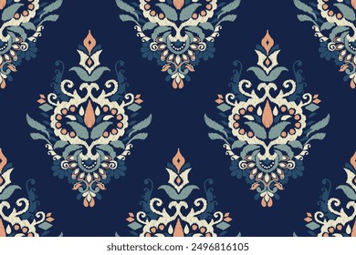 Ikat diseño floral sin patrón en el fondo azul marino Ilustración vectorial.Ikat bordado oriental étnico.Ikat estilo azteca, fondo abstracto.design para textura, tela, ropa, papel de embalaje.