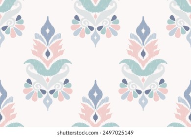 Ikat floral design seamless pattern on white background vector illustration.Ikat ethnic oriental embroidery traditional.Indian Ikat pattern Aztec style abstract.design for texture,fabric,clothing,scarf