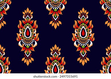 Ikat floral design seamless pattern on black background vector illustration.Ikat ethnic oriental embroidery.Ikat Aztec style,abstract background.design for texture,fabric,clothing,wrapping paper,tile