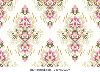 Ikat floral design seamless pattern on white background vector illustration.Ikat ethnic oriental embroidery traditional.Indian Ikat pattern Aztec style abstract.design for texture,fabric,clothing,tile