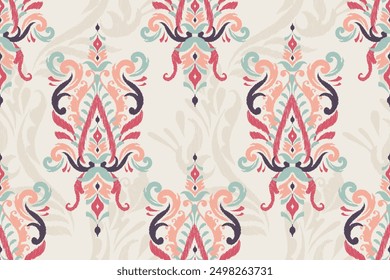 Ikat floral design seamless pattern on white background vector illustration.Ikat ethnic oriental embroidery traditional.Indian Ikat pattern Aztec style abstract.design for texture,fabric,clothing.