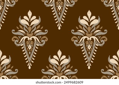 Ikat floral design seamless pattern on brown background vector illustration.Ikat ethnic oriental embroidery traditional.Indian Ikat pattern Aztec style abstract.design for texture,fabric,clothing.