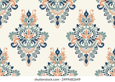 Ikat floral design seamless pattern on white background vector illustration.Ikat ethnic oriental embroidery.Ikat Aztec style,abstract background.design for texture,fabric,clothing,wrapping paper,print