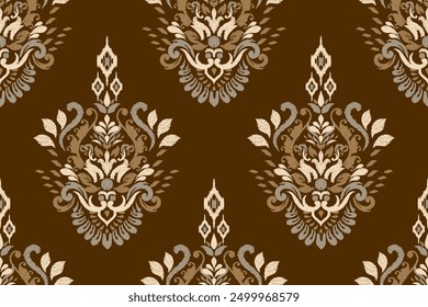 Ikat floral design seamless pattern on brown background vector illustration.Ikat ethnic oriental embroidery traditional.Indian Ikat pattern Aztec style abstract.design for texture,fabric,clothing.