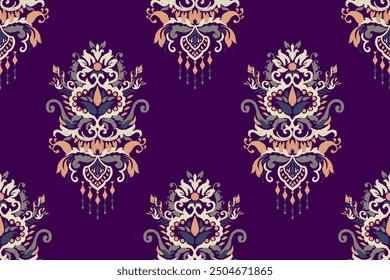 Ikat floral design seamless pattern on purple background vector illustration.Ikat ethnic oriental embroidery traditional.Indian Ikat pattern Aztec style abstract.design for texture,fabric,clothing