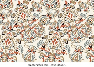 Ikat florales Design nahtloses Muster auf weißem Hintergrund, Vektorgrafik.Ikat ethnisch-orientalische Stickerei traditionell.Indische Ikat Muster Aztec Stil abstract.Design für Textur, Stoff, Kleidung.