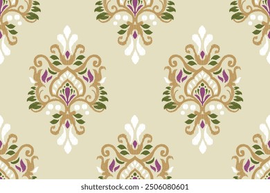 Ikat floral design seamless pattern on brown background vector illustration.Ikat ethnic oriental embroidery traditional.Indian Ikat pattern Aztec style abstract.design for texture,fabric,clothing,tile