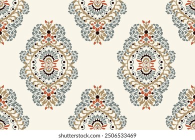 Ikat floral design seamless pattern on white background vector illustration.Ikat ethnic oriental embroidery traditional.Indian Ikat pattern Aztec style abstract.design for texture,fabric,clothing,tile