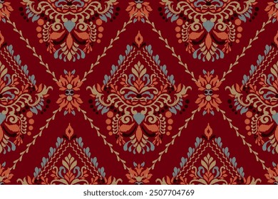 Ikat floral design seamless pattern on red background vector illustration.Ikat ethnic oriental embroidery traditional.Indian Ikat pattern Aztec style abstract.design for texture,fabric,clothing,print 