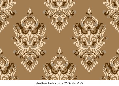 Ikat floral design seamless pattern on brown background vector illustration.Ikat ethnic oriental embroidery traditional.Indian Ikat pattern Aztec style abstract.design for texture,fabric,clothing.