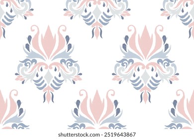 Ikat floral design seamless pattern on white background vector illustration.Ikat ethnic oriental embroidery traditional.Indian Ikat pattern Aztec style abstract.design for texture,fabric,clothing.