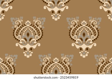 Ikat floral design seamless pattern on brown background vector illustration.Ikat ethnic oriental embroidery traditional.Indian Ikat pattern Aztec style abstract.design for texture,fabric,clothing.