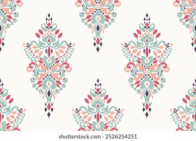 Ikat diseño floral patrón sin fisuras sobre fondo blanco Ilustración vectorial. Ikat bordado oriental étnico tradicional. Patrón indio Ikat estilo azteca abstracto. diseño para textura, tela, ropa.