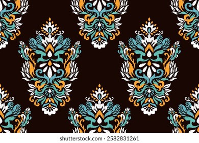 Ikat floral design seamless pattern on black background vector illustration.Ikat ethnic oriental embroidery.Ikat Aztec style,abstract background.design for texture,fabric,clothing,wrapping paper,print