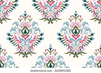 Ikat floral design seamless pattern on white background vector illustration.Ikat ethnic oriental embroidery traditional.Indian Ikat pattern Aztec style abstract.design for texture,fabric,clothing,tile