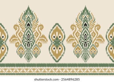 Ikat floral embroidery on beige background. Traditional geometric oriental ethnic design. Aztec style abstract vector illustration for fabric, clothing, wrapping and decoration.