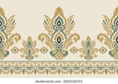 Ikat floral embroidery on beige background. Traditional geometric oriental ethnic design. Aztec style abstract vector illustration for fabric, clothing, wrapping and decoration.