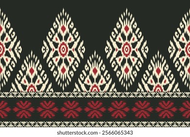 Ikat floral embroidery on beige background. Traditional geometric oriental ethnic design. Aztec style abstract vector illustration for fabric, clothing, wrapping and decoration.