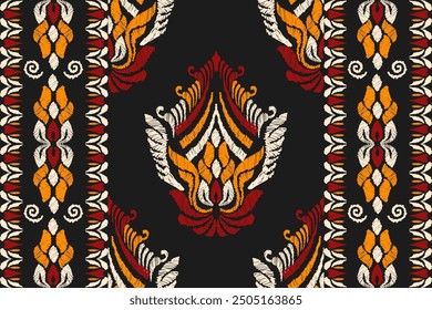 Ikat floral embroidery on black background. Traditional oriental ethnic pattern of Ikat. Abstract vector illustration in Aztec style. Design for texture, fabric, clothing, wrapping.