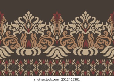 Bordado floral Ikat sobre fundo preto. Padrão étnico oriental tradicional de Ikat. Ilustração vetorial abstrata em estilo asteca. Design para textura, tecido, roupas, embalagem.