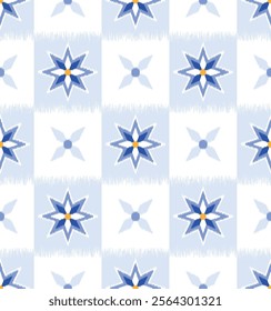 Ikat floral  embroidery on blue color.Ikat ethnic oriental seamless pattern traditional.Aztec style abstract vector illustration.design for texture,fabric,clothing,wrapping,decoration.