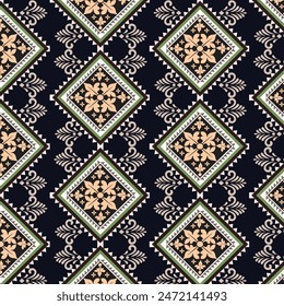 Ikat floral embroidery on indigo background.Ikat ethnic oriental pattern traditional. Aztec style abstract vector illustration. design for texture,fabric,carpet,clothing,wrapping,decoration,sarong