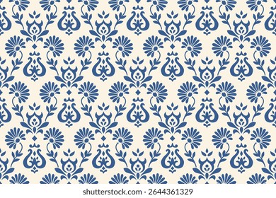 Ikat floral embroidery pattern with blue ethnic damask elements in traditional seamless design, abstract illustration for fabric, clothing, textile texture, decoration and fashion surface.