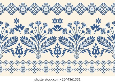 Ikat floral embroidery pattern with blue ethnic damask elements in traditional seamless design, abstract illustration for fabric, clothing, textile texture, decoration and fashion surface.