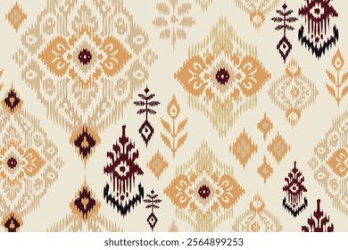 Ikat floral embroidery pattern on beige background, Aztec-style geometric ethnic design for fabric, clothing, wrapping, and decoration.