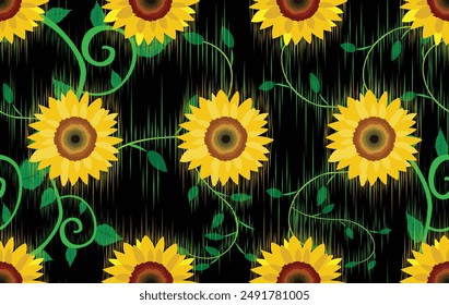 Ikat floral ethnic fabric sunflower seamless pattern. traditional ikat ethnic pattern style. Designed for saree, sarong, batik ,carpet ,clothing ,ikat pattern ,fabric ,embroidery ,textile art ,weaving