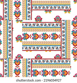 Ikat diseño textil con motivos florales étnicos húngaros. Moqueta de tela azteca con mandalas en la decoración textil papel tapiz. Flor tribal origen polaco folk motif Moravian tradicional bordado fondo vectorial