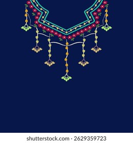 Ikat floral ethnic necklace design, bohemian style, vector design for collar shirts for women, neckline, neck border, clothing, vector illustration.