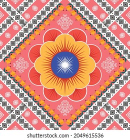 Íkat patrón étnico floral. Moqueta de tela azteca mandala adorno boho chevron decoración textil papel de pared. Antecedentes de la ilustración vectorial oriental del bordado tradicional indígena tribal de pavo africano