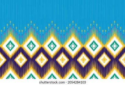 Íkat patrón étnico floral. Moqueta de tela azteca mandala adorno boho chevron decoración textil papel de pared. Antecedentes del vector tradicional del bordado del pavo tribal africano 