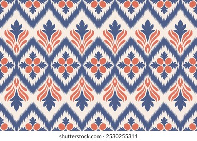 Ornamento geométrico floral del folclore de Ikat. Patrón de damasco de Vector oriental. Arte antiguo de Arabesque. Textura étnica tribal. Motivo español en la alfombra. Estilo azteca. Alfombra india. Gitano, bordado mexicano