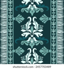 Ikat floral green embroidery on navy blue background.Ikat ethnic oriental pattern traditional.Aztec style abstract vector illustration.design for texture,fabric,clothing,wrapping,decoration,sarong.