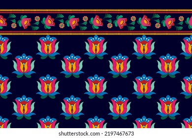 Ikat floral Hungarian polish Moravian folk ethnic seamless textile pattern design. Aztec fabric carpet boho mandalas textile decor wallpaper. Tribal native motif flower traditional embroidery vector 