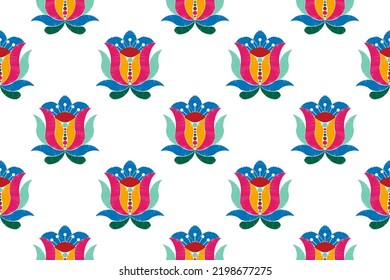 Ikat floral Hungarian polish Moravian folk ethnic seamless textile pattern design. Aztec fabric carpet boho mandalas textile decor wallpaper. Tribal native motif flower traditional embroidery vector 