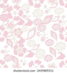 Ikat bordado de hojas florales fondo blanco rosa. Ikat étnico oriental patrón sin costuras tradicional. Estilo azteca Ilustración vectorial abstracta. Diseño para textura, tela, ropa, envoltura, decoración.