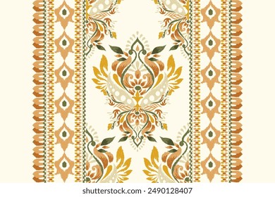 Ikat floral paisley design pattern on white background.Ikat ethnic oriental embroidery traditional,Aztec style,abstract background,vector illustration.design for texture,fabric,clothing,decoration,rug