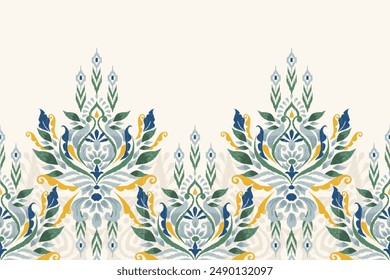 Ikat floral paisley design pattern on white background.Ikat ethnic oriental embroidery traditional,Aztec style,abstract background,vector illustration.design for texture,fabric,clothing,decoration.