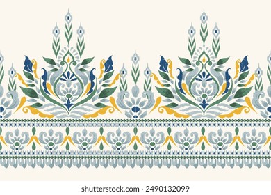 Ikat floral paisley design pattern on white background.Ikat ethnic oriental embroidery traditional,Aztec style,abstract background,vector illustration.design for texture,fabric,clothing,decoration.